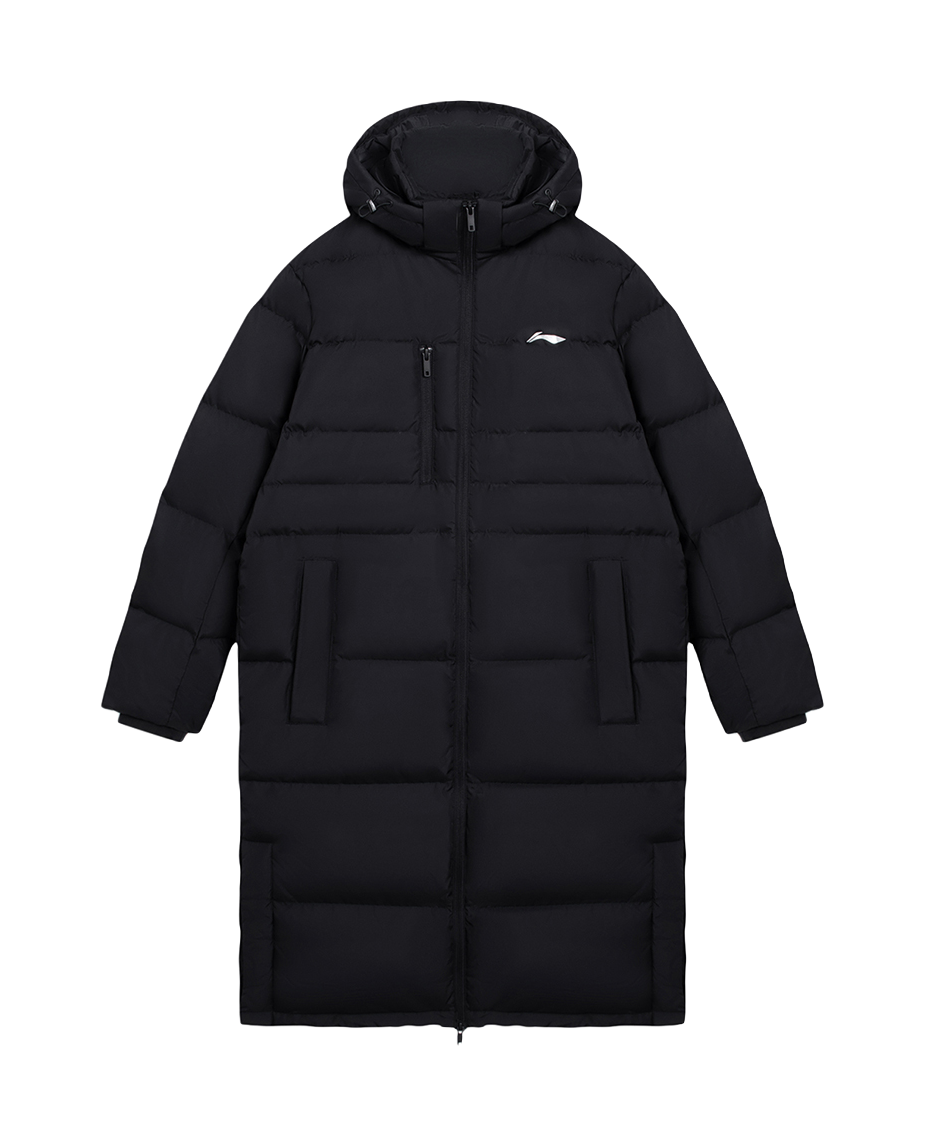 Men's black hooded puffer down jacket with full front zipper and side pockets