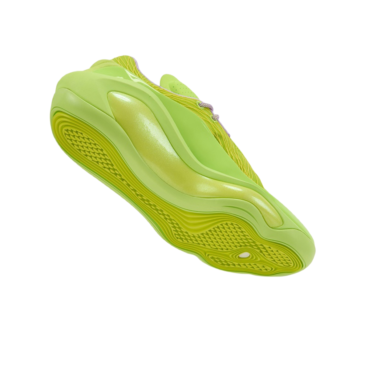 Neon green basketball shoe side view with glossy midsole and vented upper