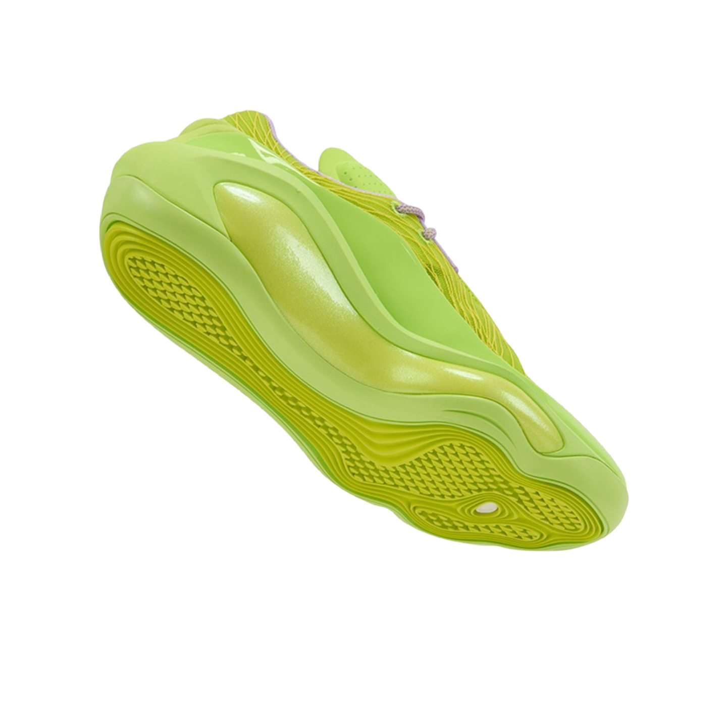 Neon green basketball shoe side view with glossy midsole and vented upper