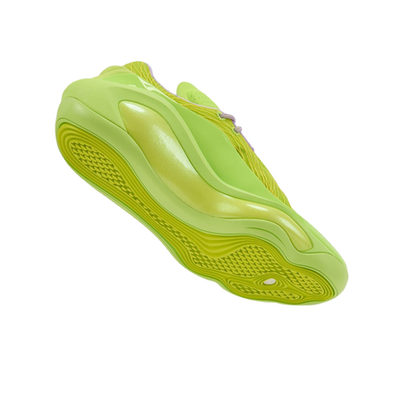 Neon green basketball shoe side view with glossy midsole and vented upper