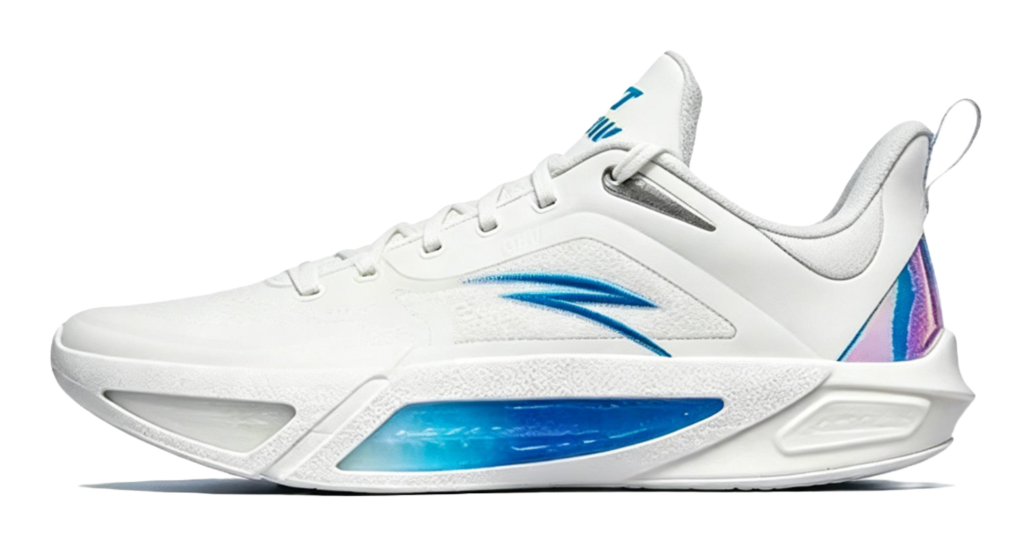 Men's white basketball shoe with blue side stripe and multicolor heel panel