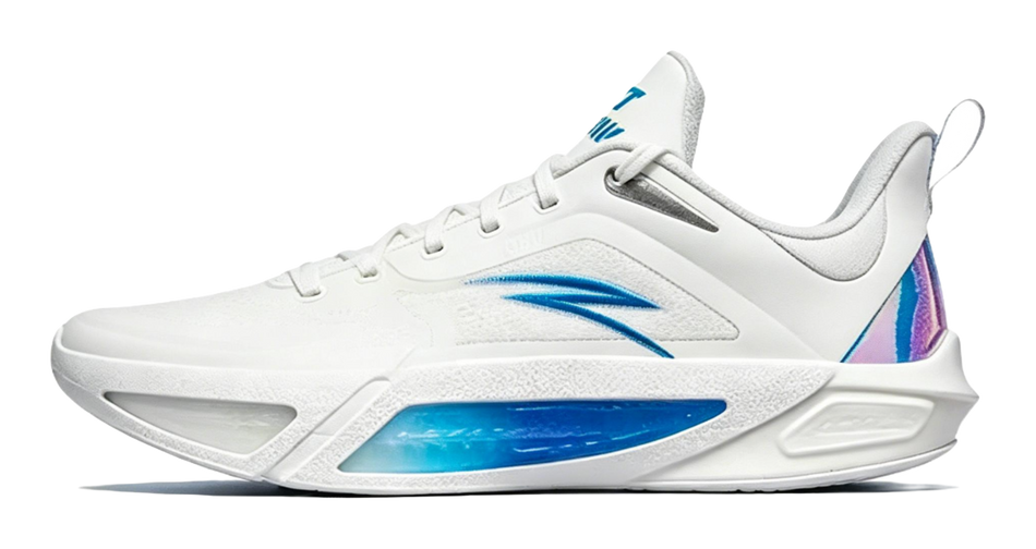 Men's white basketball shoe with blue side stripe and multicolor heel panel