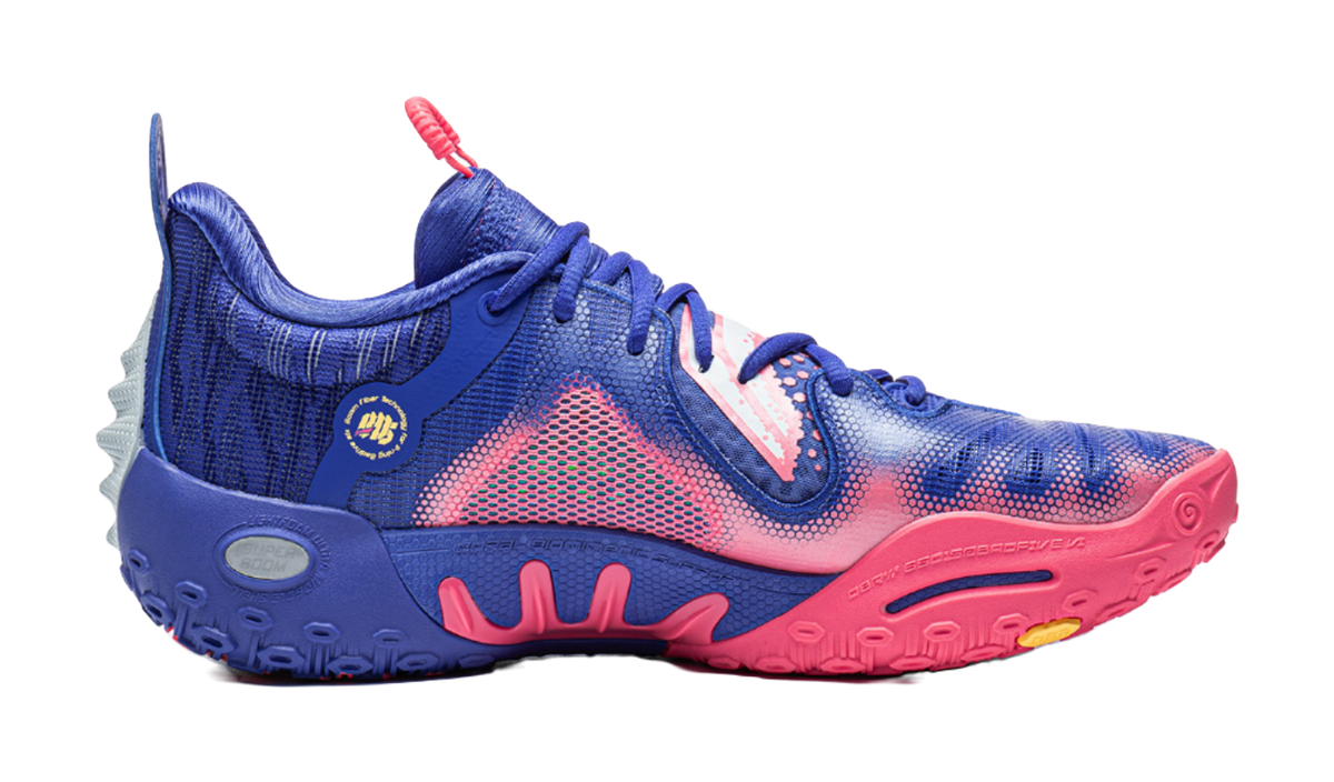 Unisex mid-top basketball shoe, blue upper with pink laces and trim