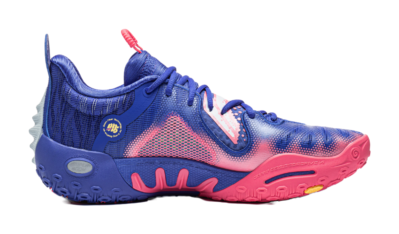 Unisex mid-top basketball shoe, blue upper with pink laces and trim