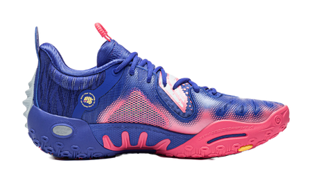 Unisex mid-top basketball shoe, blue upper with pink laces and trim