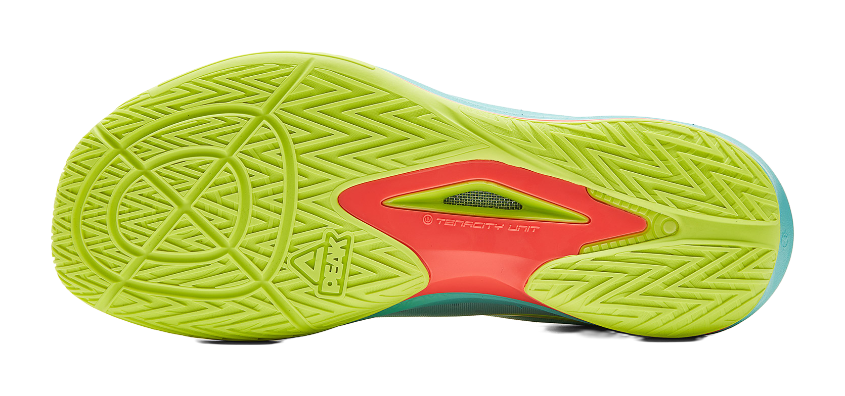 Lightweight basketball shoe outsole, neon green tread with red logo and teal edges