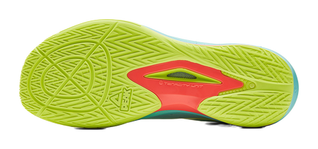 Lightweight basketball shoe outsole, neon green tread with red logo and teal edges