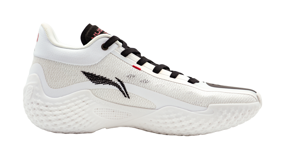 Men's low-top basketball shoes, white upper with black lace and ankle panels