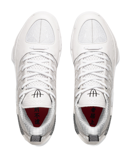 Pair of white basketball shoes, front view with laces and perforated toe panels