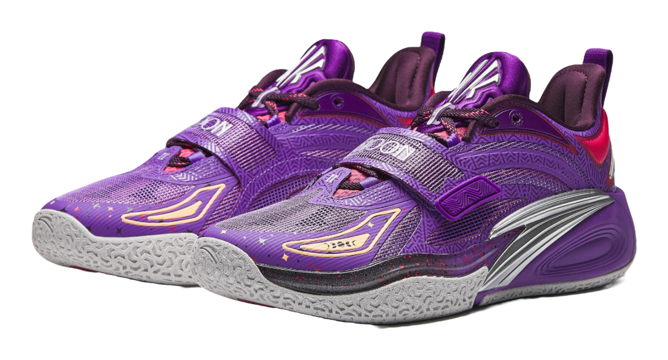 Purple basketball shoe pair with purple strap, red details, and textured gray sole.