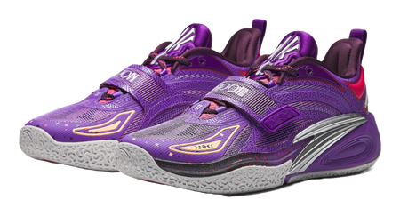 Purple basketball shoe pair with purple strap, red details, and textured gray sole.