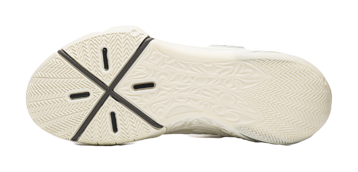 Ecru basketball shoe outsole with textured traction pattern and X-shaped grip