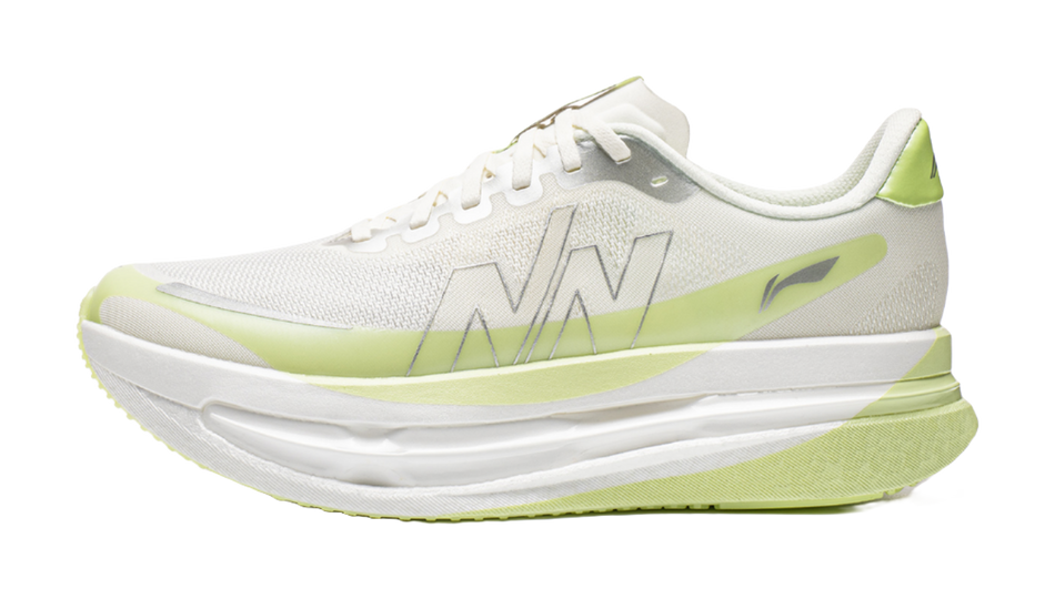 White low-top running shoe with neon green side panel, mesh upper, lace-up closure