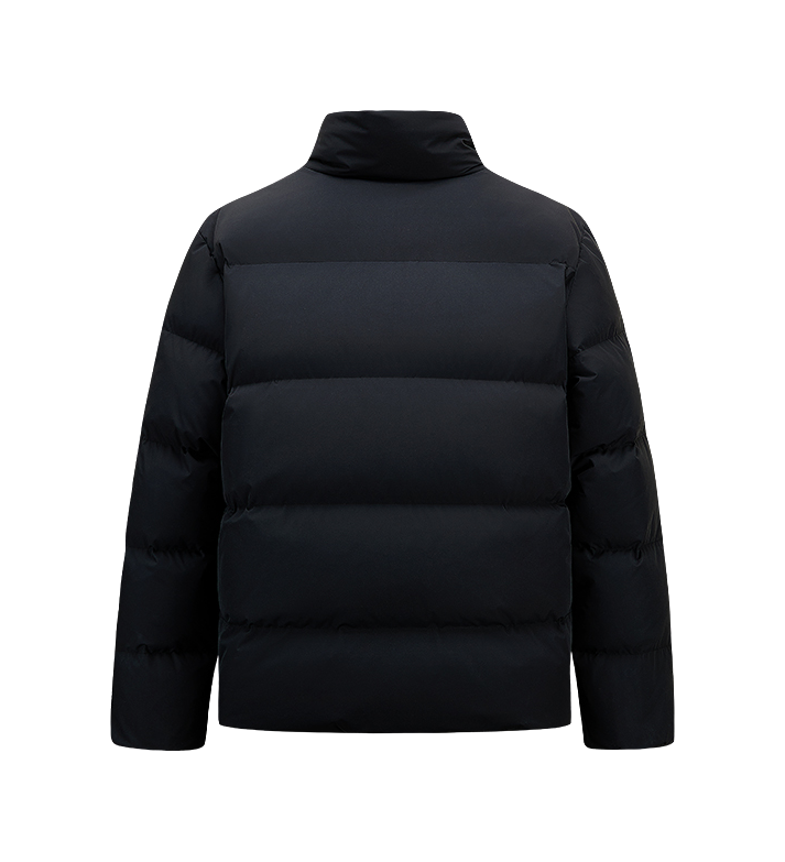 Men's black puffer down jacket, back view with stand collar and quilted baffles