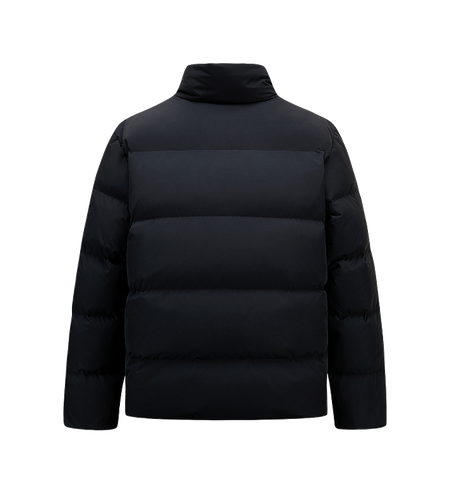 Men's black puffer down jacket, back view with stand collar and quilted baffles