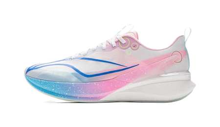 White, pink and blue running shoes with lace-up front and wave graphics