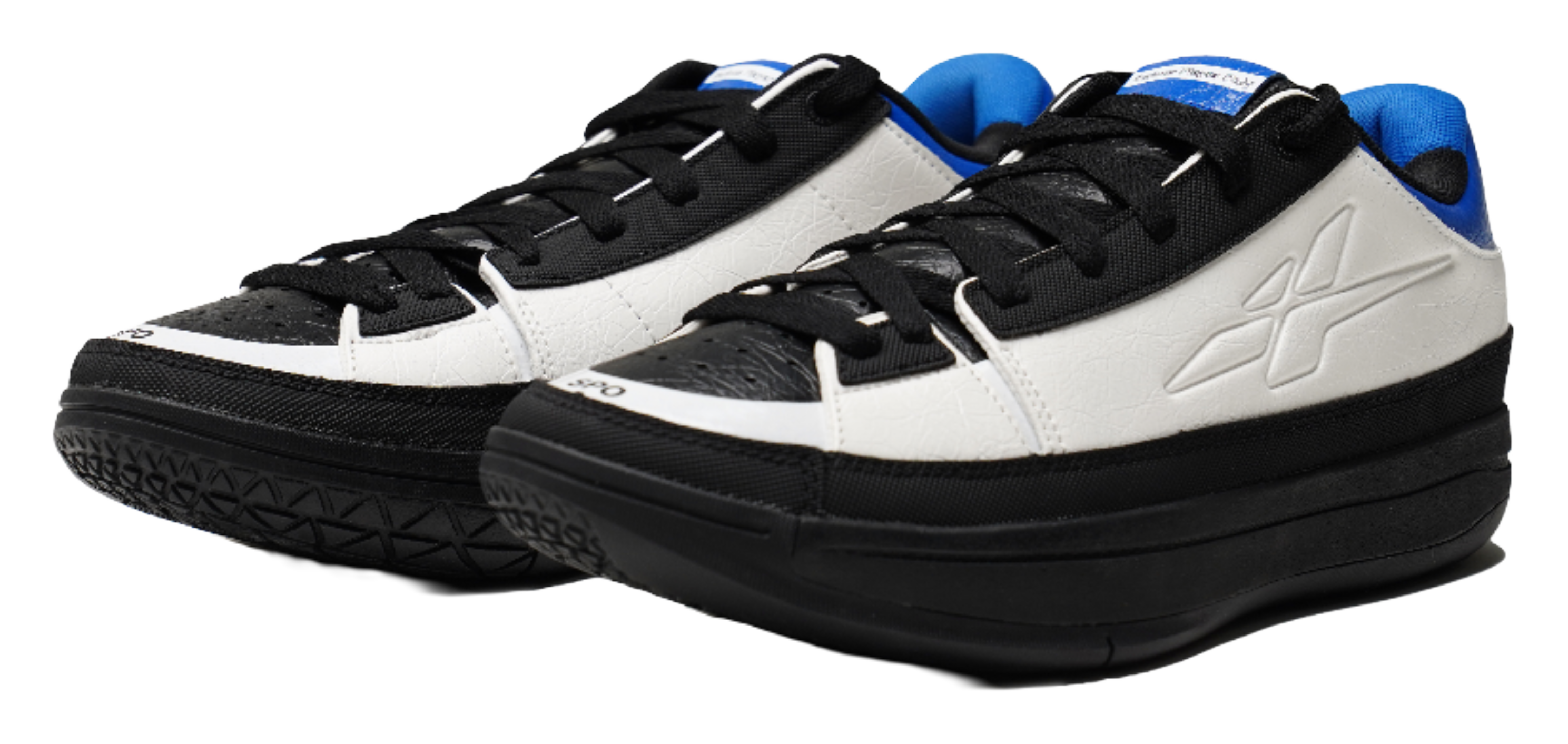 Unisex basketball shoe pair with black laces, white panels, blue lining, thick black sole.
