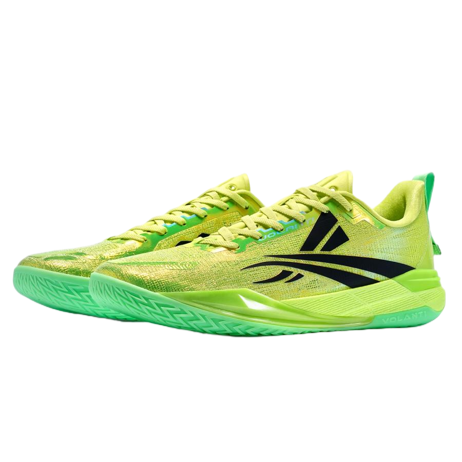 Lime green basketball shoes with lace-up mesh upper and black logo accents