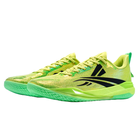 Lime green basketball shoes with lace-up mesh upper and black logo accents
