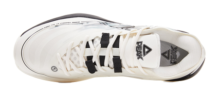 Lightweight basketball shoe, cream upper with black laces and interior logo patch