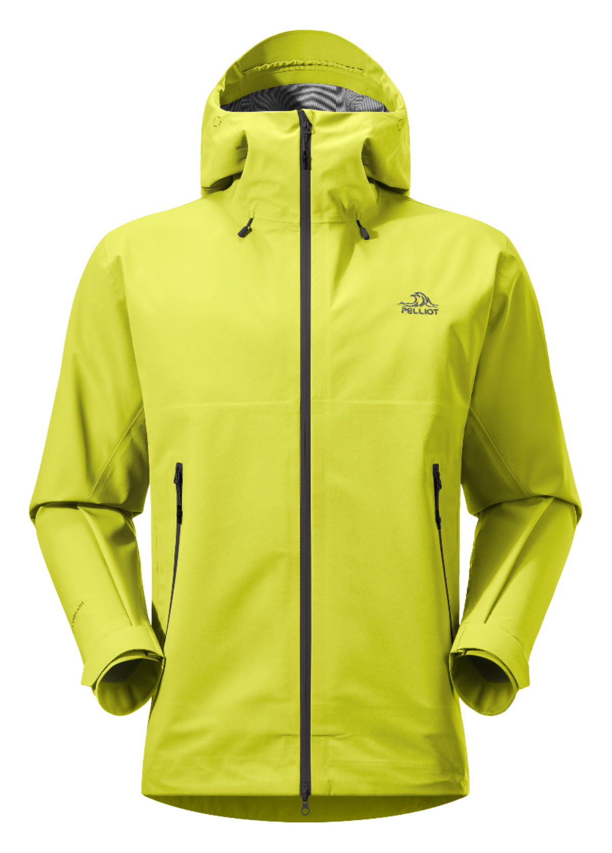 Unisex hard shell windbreaker jacket in bright lime green with hood and full front zipper