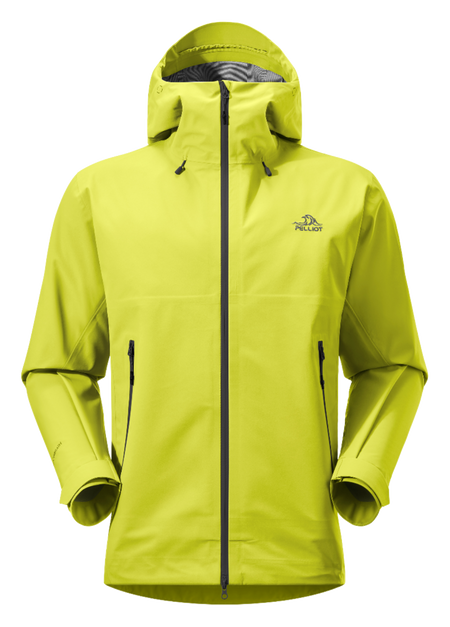 Unisex hard shell windbreaker jacket in bright lime green with hood and full front zipper