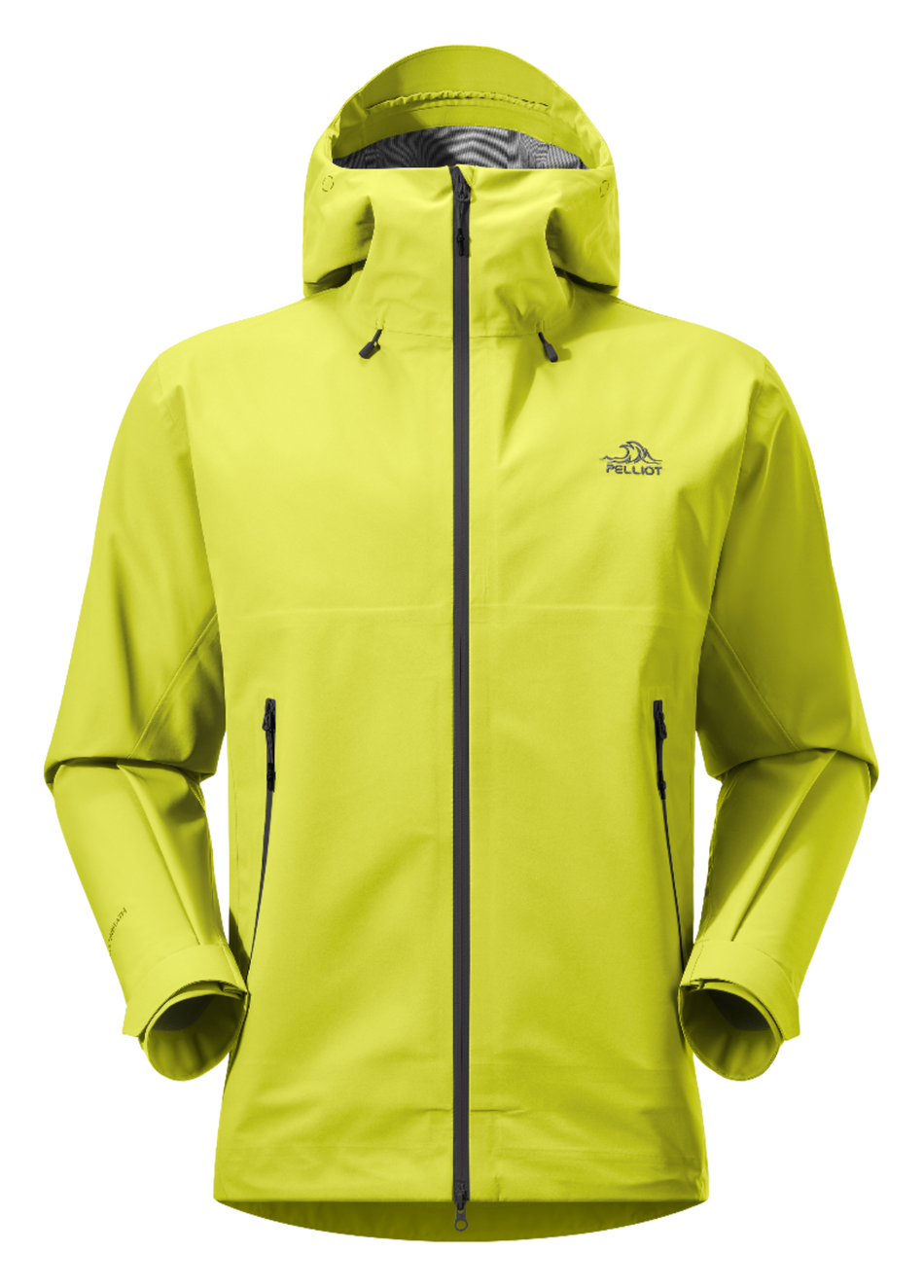 Unisex hard shell windbreaker jacket in bright lime green with hood and full front zipper