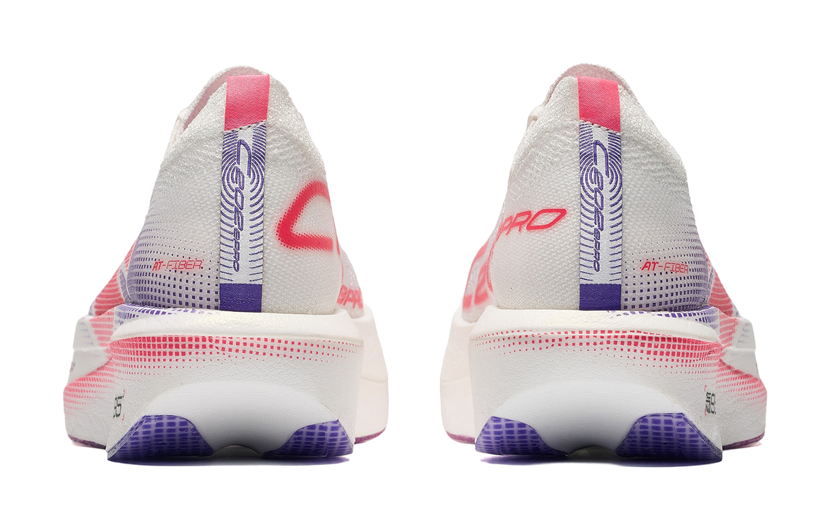 ANTA women's low-top running shoe, heel view; white back with purple outsole and red logo