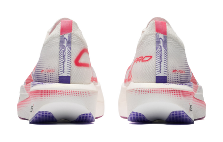 ANTA women's low-top running shoe, heel view; white back with purple outsole and red logo