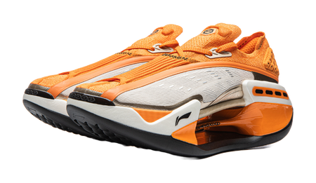Orange Li-Ning Shadow running shoe angled view with white midsole and black tread outsole