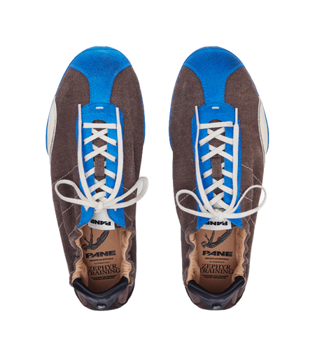 Pair of low-top sneakers with white laces; PANE logo on brown tongues and blue collars