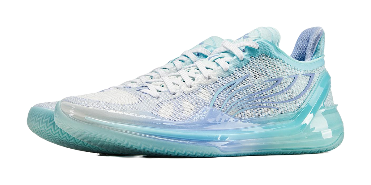 Cyan low-top basketball shoe with white knit upper, teal cushioning, and purple accents