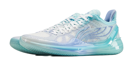 Cyan low-top basketball shoe with white knit upper, teal cushioning, and purple accents