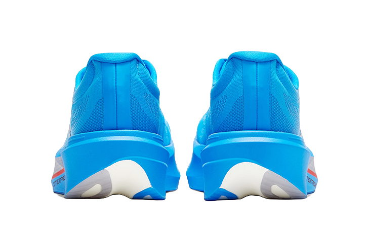 Unisex low running shoes heel view in bright blue with white and red sole accents