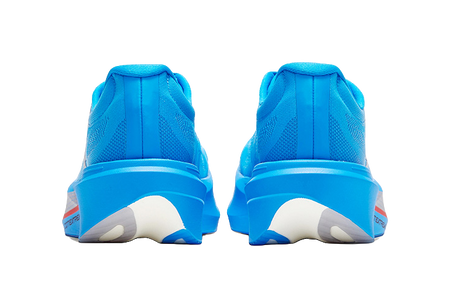 Unisex low running shoes heel view in bright blue with white and red sole accents