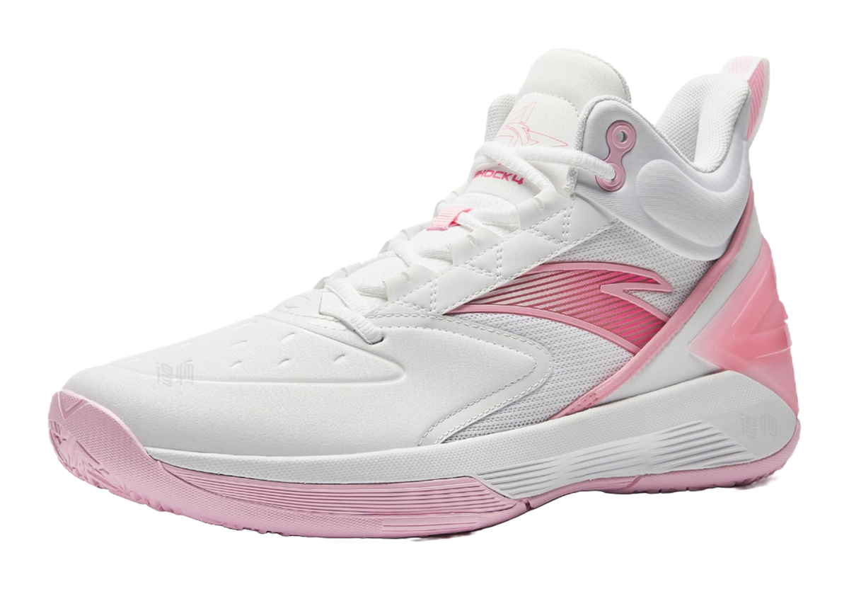 White and pink high-top basketball shoes with lace-up design and molded heel cap