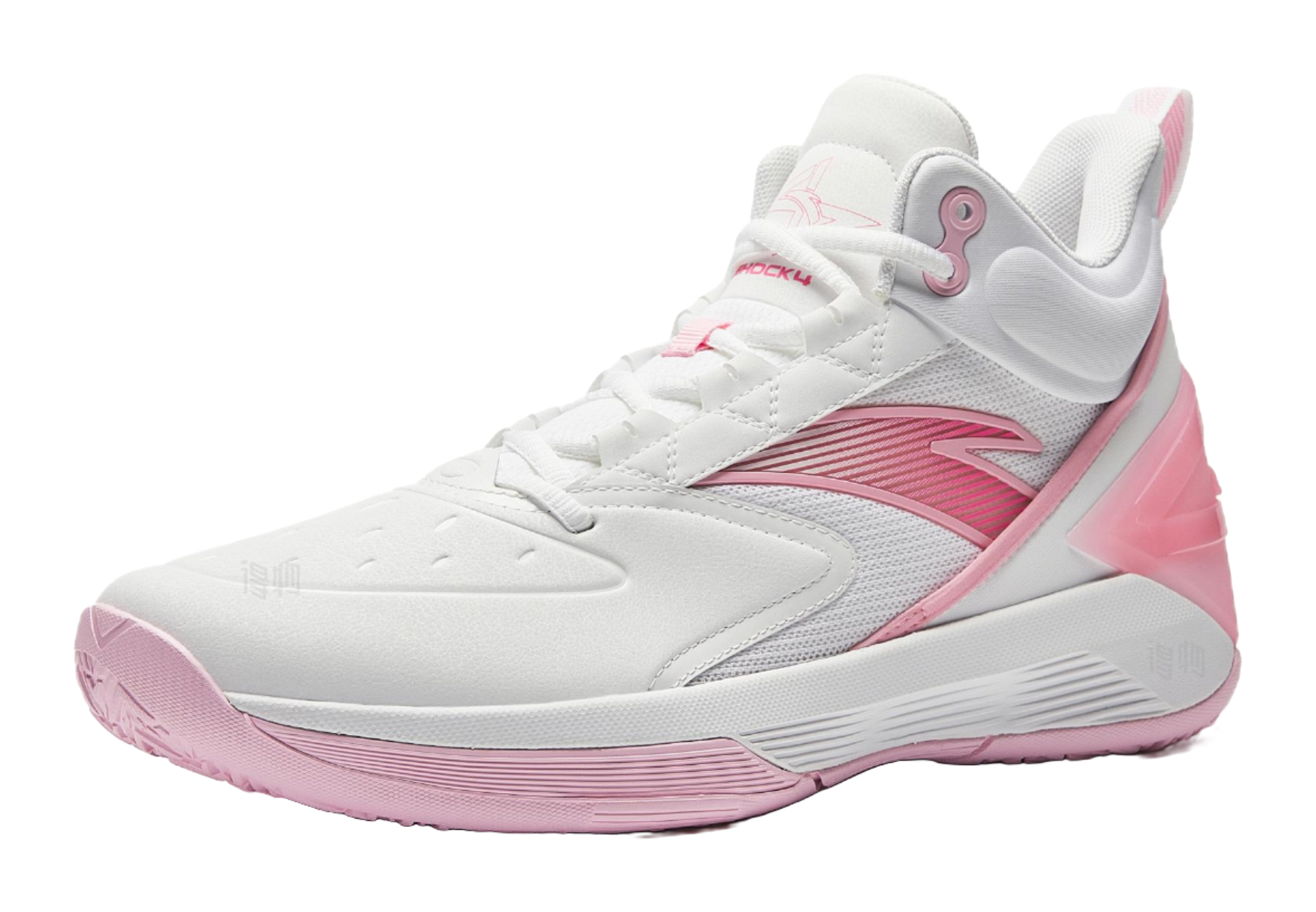 White and pink high-top basketball shoes with lace-up design and molded heel cap