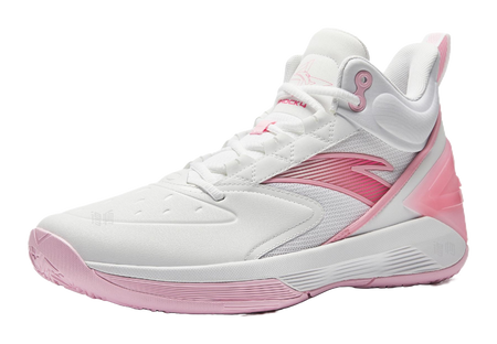 White and pink high-top basketball shoes with lace-up design and molded heel cap