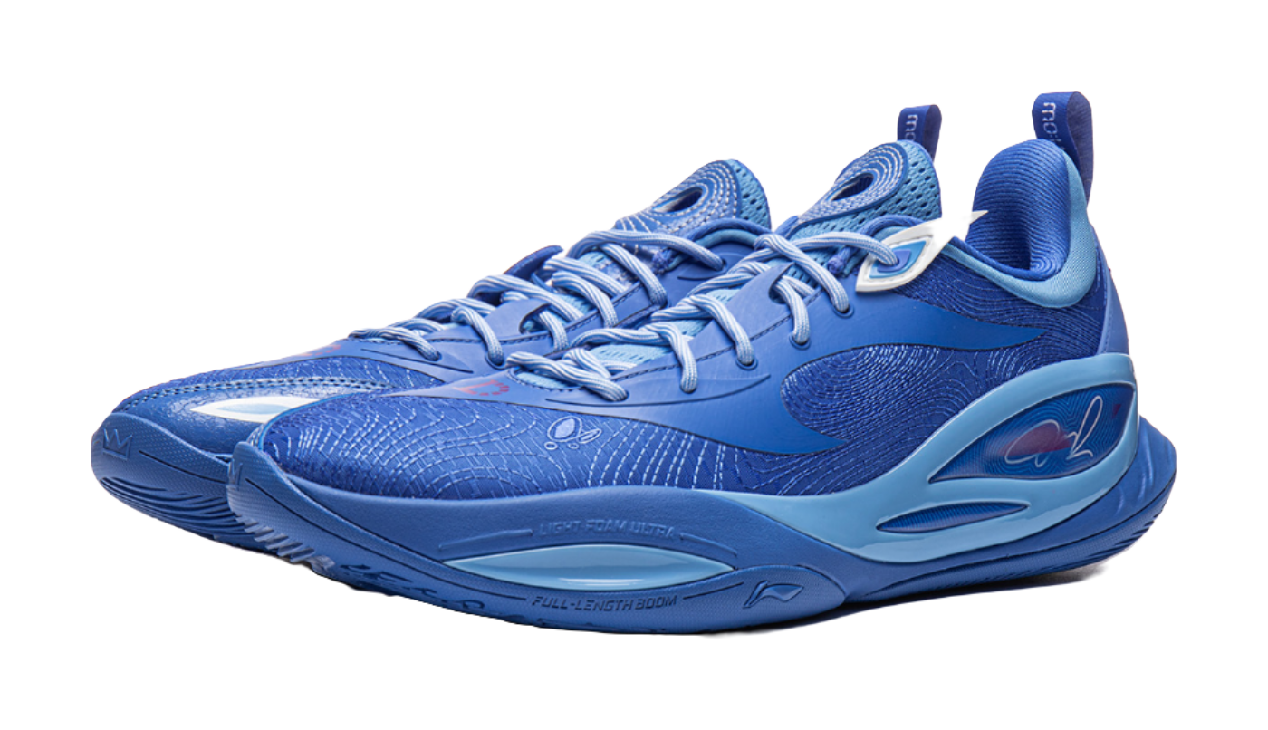 Blue basketball shoe with lace-up closure, side swoosh logo, and padded collar