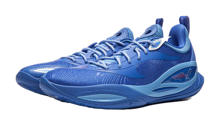 Blue basketball shoe with lace-up closure, side swoosh logo, and padded collar