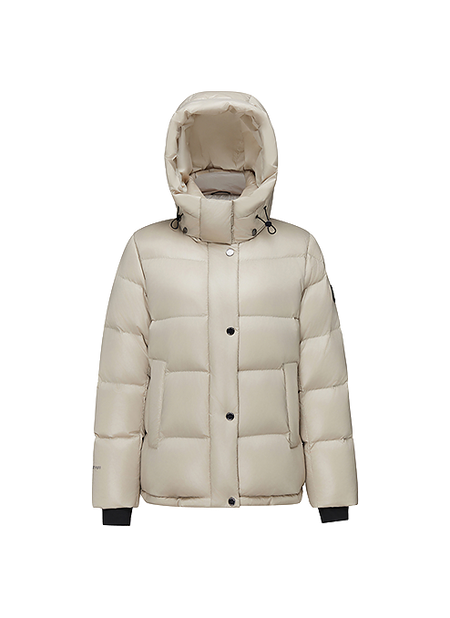 Oat/off-white hooded puffer winter down jacket with button-front and quilted baffles
