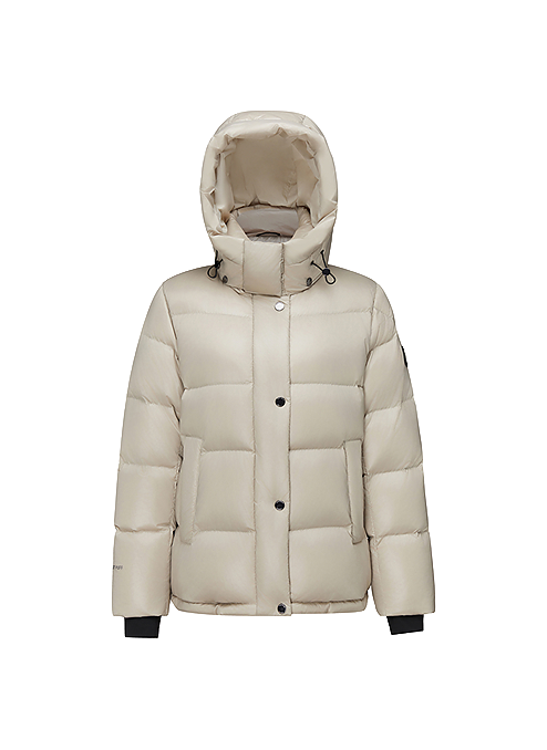 Oat/off-white hooded puffer winter down jacket with button-front and quilted baffles