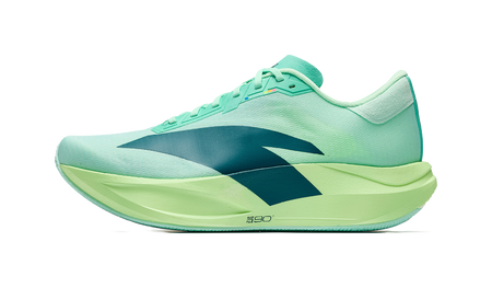 Men's low-top running shoes in fluorescent aqua and lime green with black accents