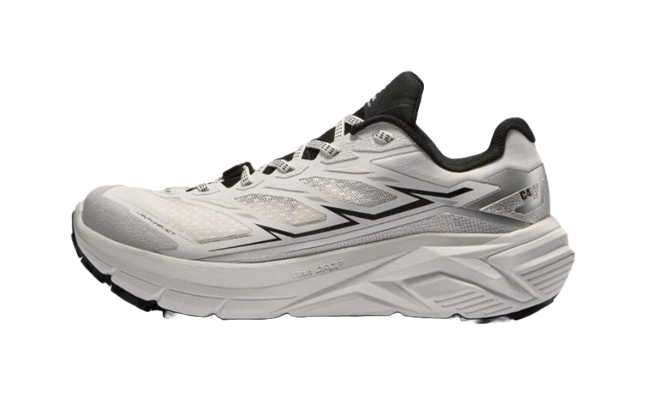 Men's hiking trail running shoe in light gray with black trim and gray outsole