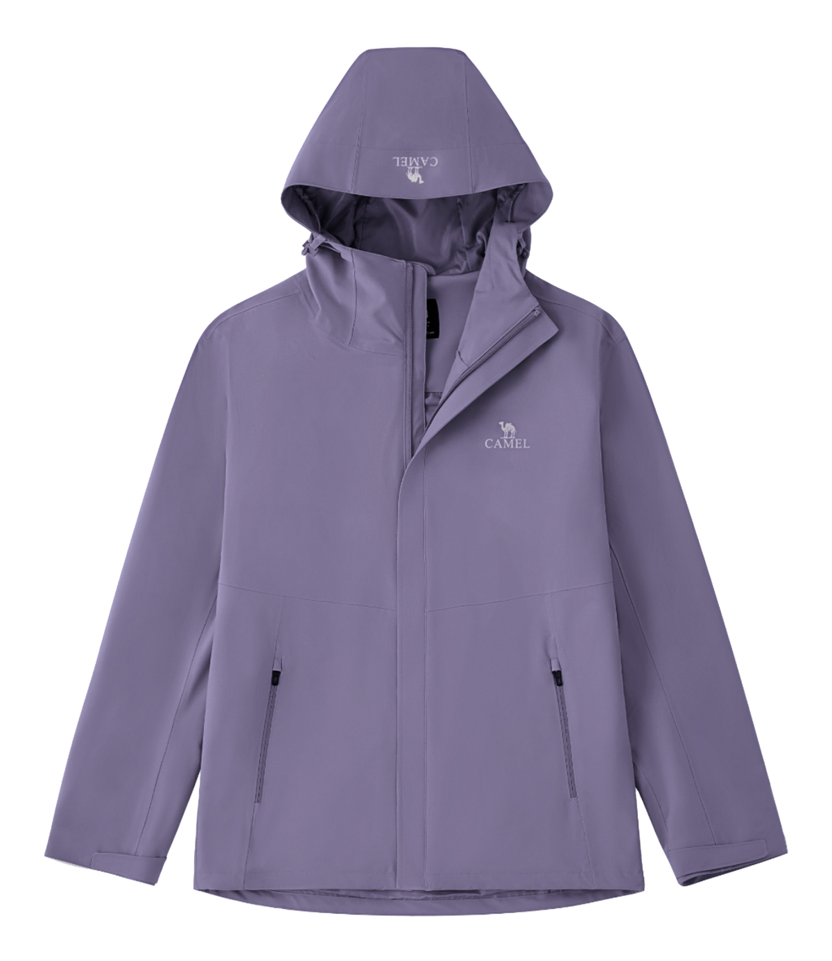 Unisex purple hooded windbreaker jacket with front zipper and side pockets