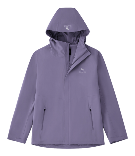 Unisex purple hooded windbreaker jacket with front zipper and side pockets