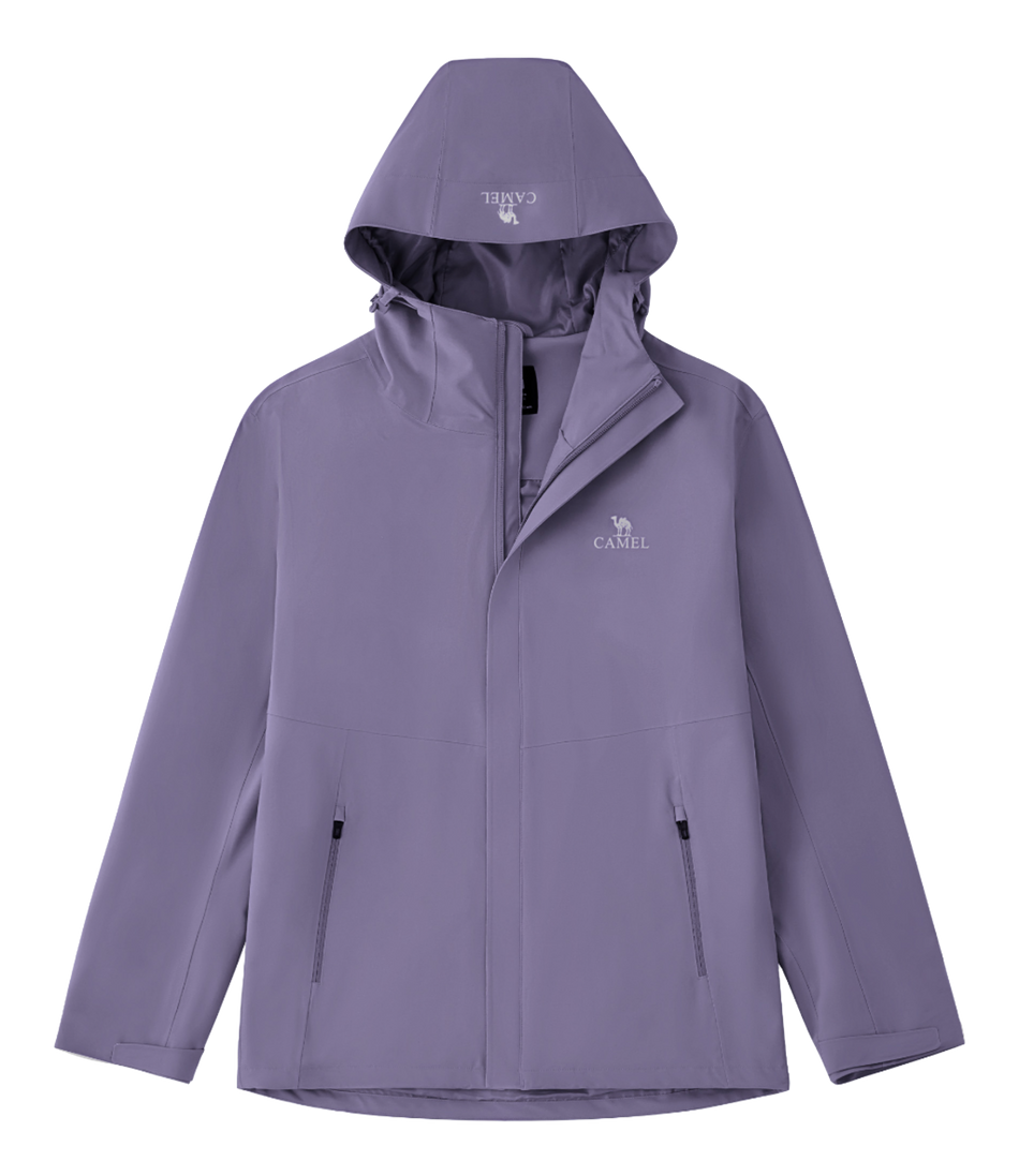 Unisex purple hooded windbreaker jacket with front zipper and side pockets