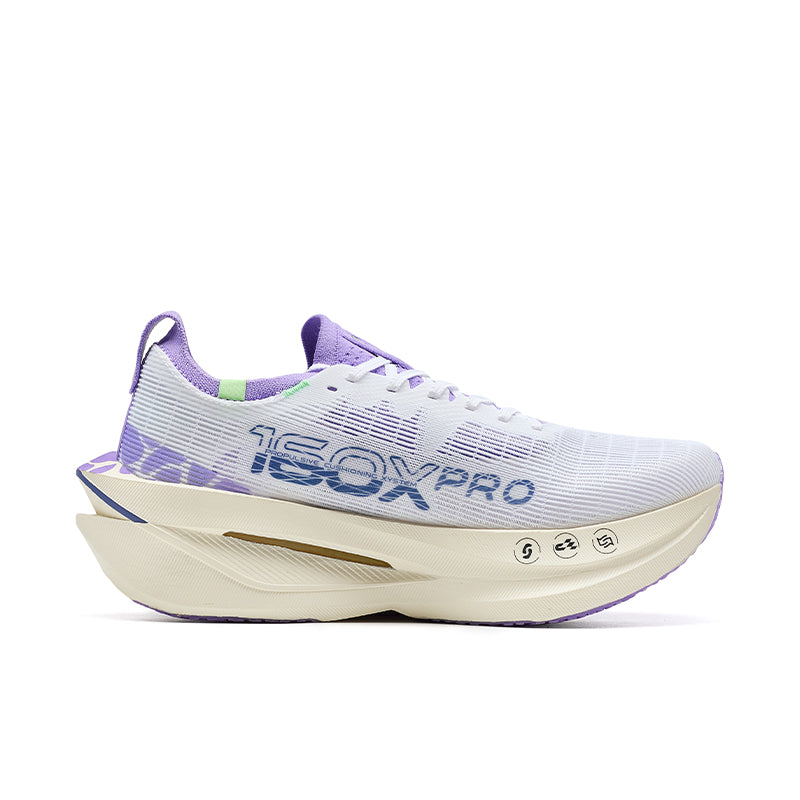 Women’s running shoe with knit-like white upper, purple collar, and blue logo