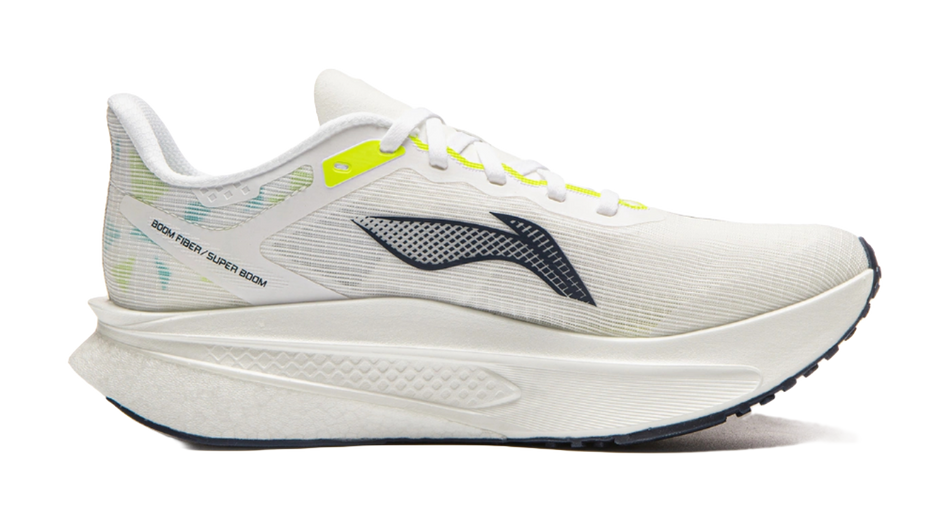 Women’s running shoes, white mesh with black logo and teal heel sole