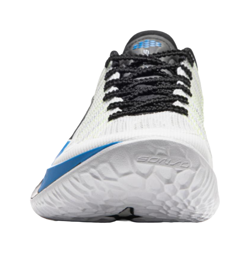Li-Ning basketball shoe front view: white upper with black laces, blue heel accents, textured sole
